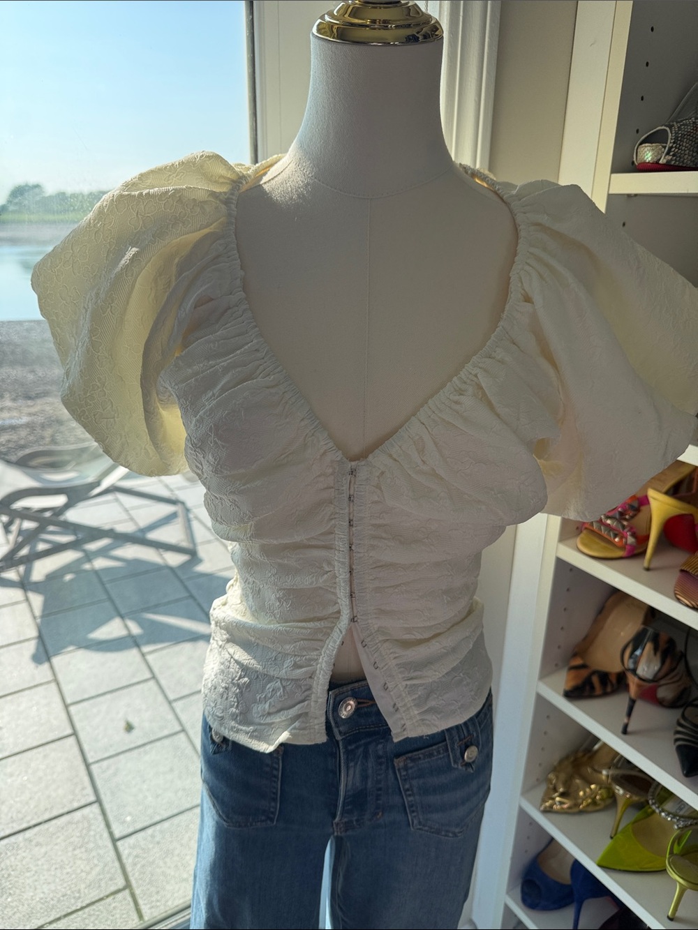 Astr Cream Ruched V-Neck Puff-Sleeve Blouse